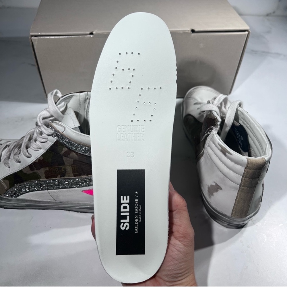 Golden Goose Slide White Green Camouflage Silver Pink Athletic High Top Sneakers - Picture 10 of 14